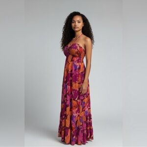Beautiful Boho Floral Maxi Dress in Plum Pink and Orange